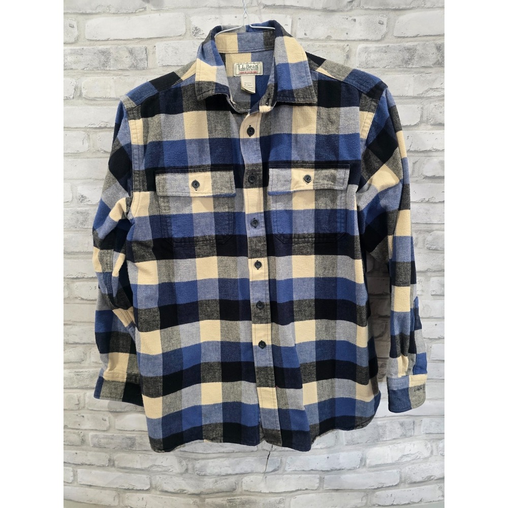 Vtg LL Bean Med Regular Men Flannel Chamois Cloth Flannel Button Up Shirt Blue